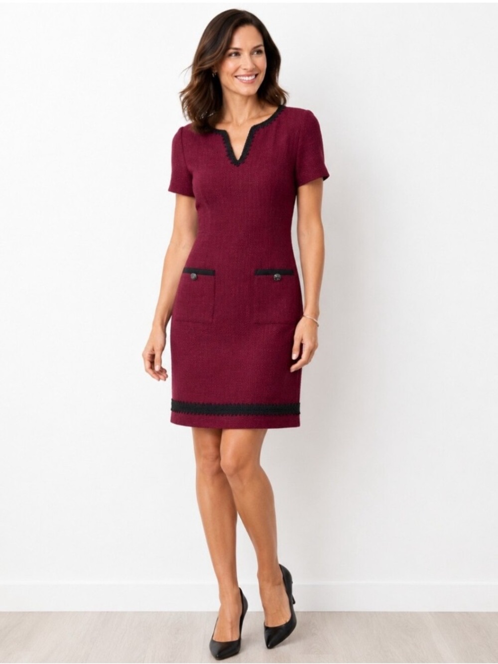 Karl Lagerfeld Paris Burgundy Tweed Sheath Dress with Black Trim Sz 8